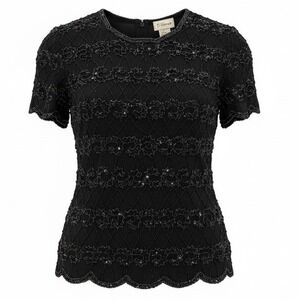 Stenay Vintage Black Beaded Sequin Silk Top‎ Short Sleeve Evening Blouse Large
